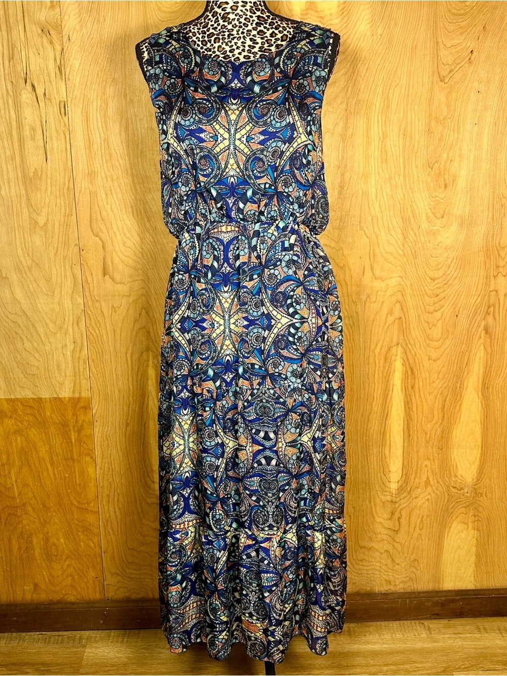Bohemian Mosaic Print Sleeveless Dress - Blue